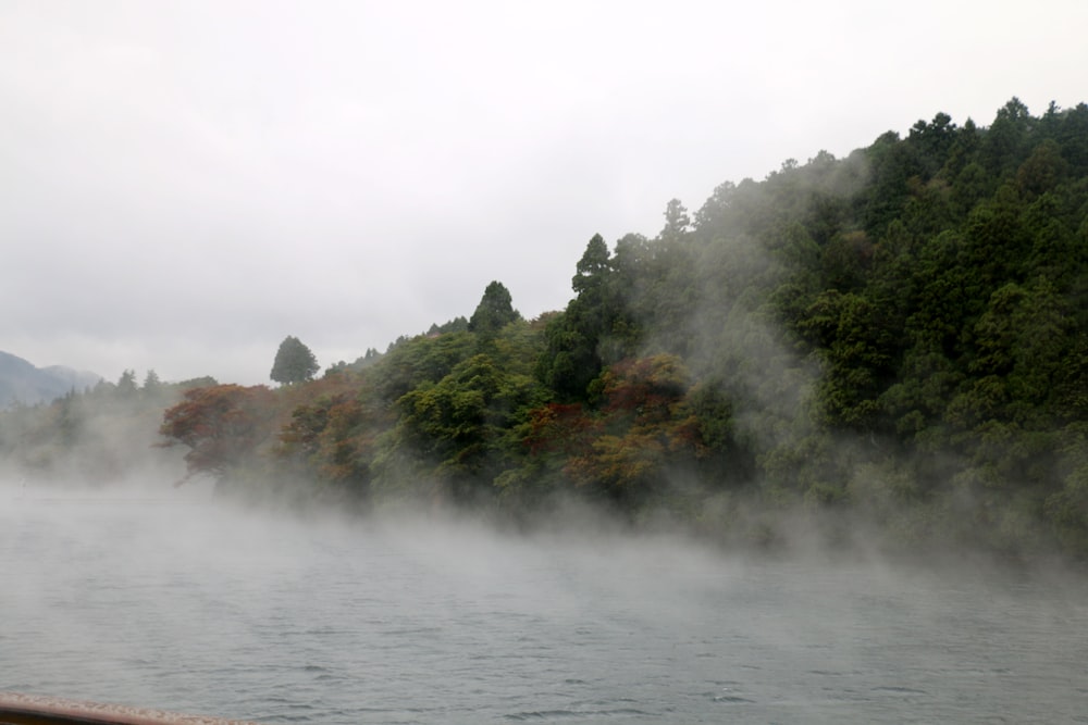 Misty lake surrounded by forested hills under cloudy sky