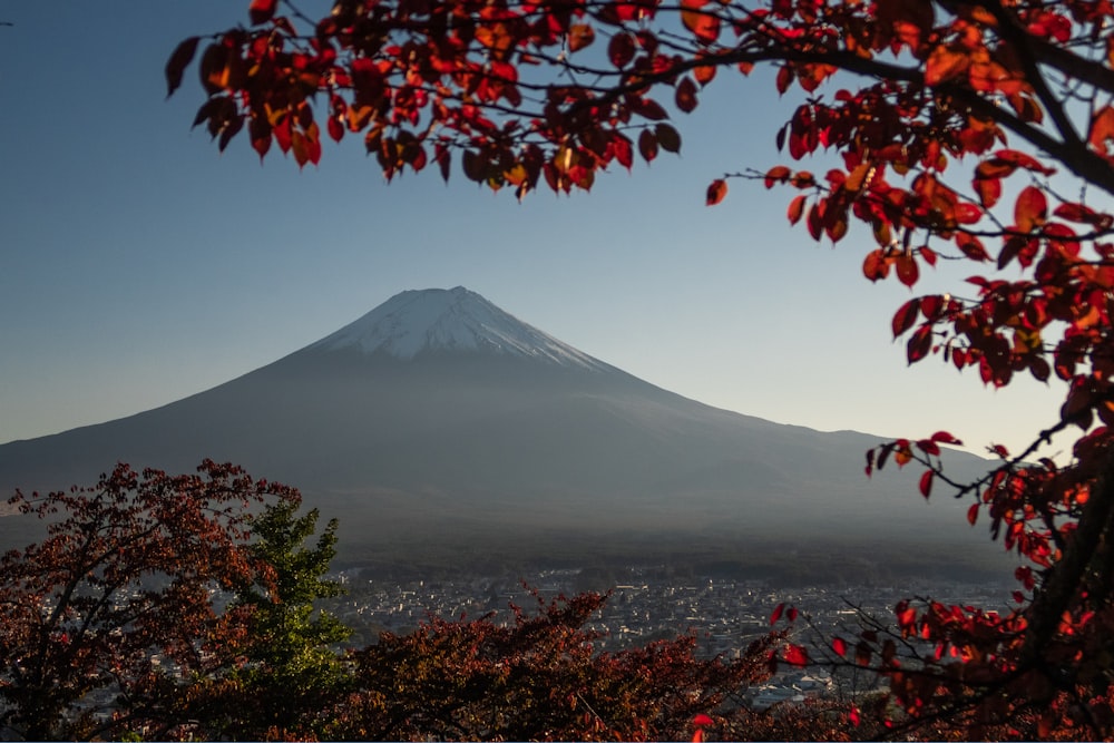 A volcanic cone mountain in daytime
