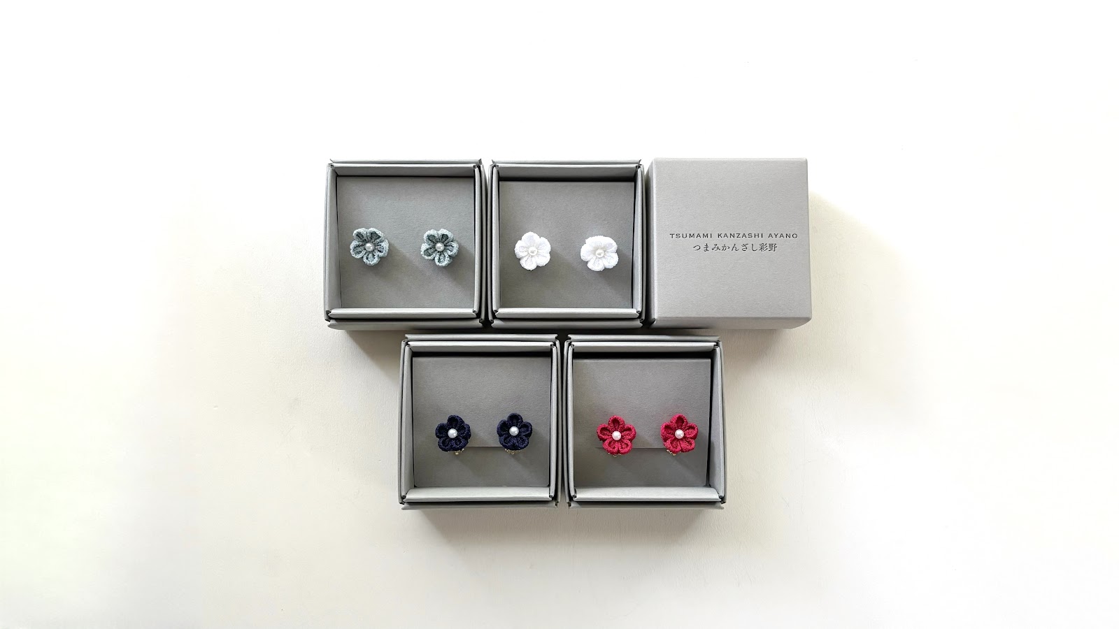 Tsumami zaiku flower stud earrings (Serika) in gift boxes by Tsumami Kanzashi Ayano