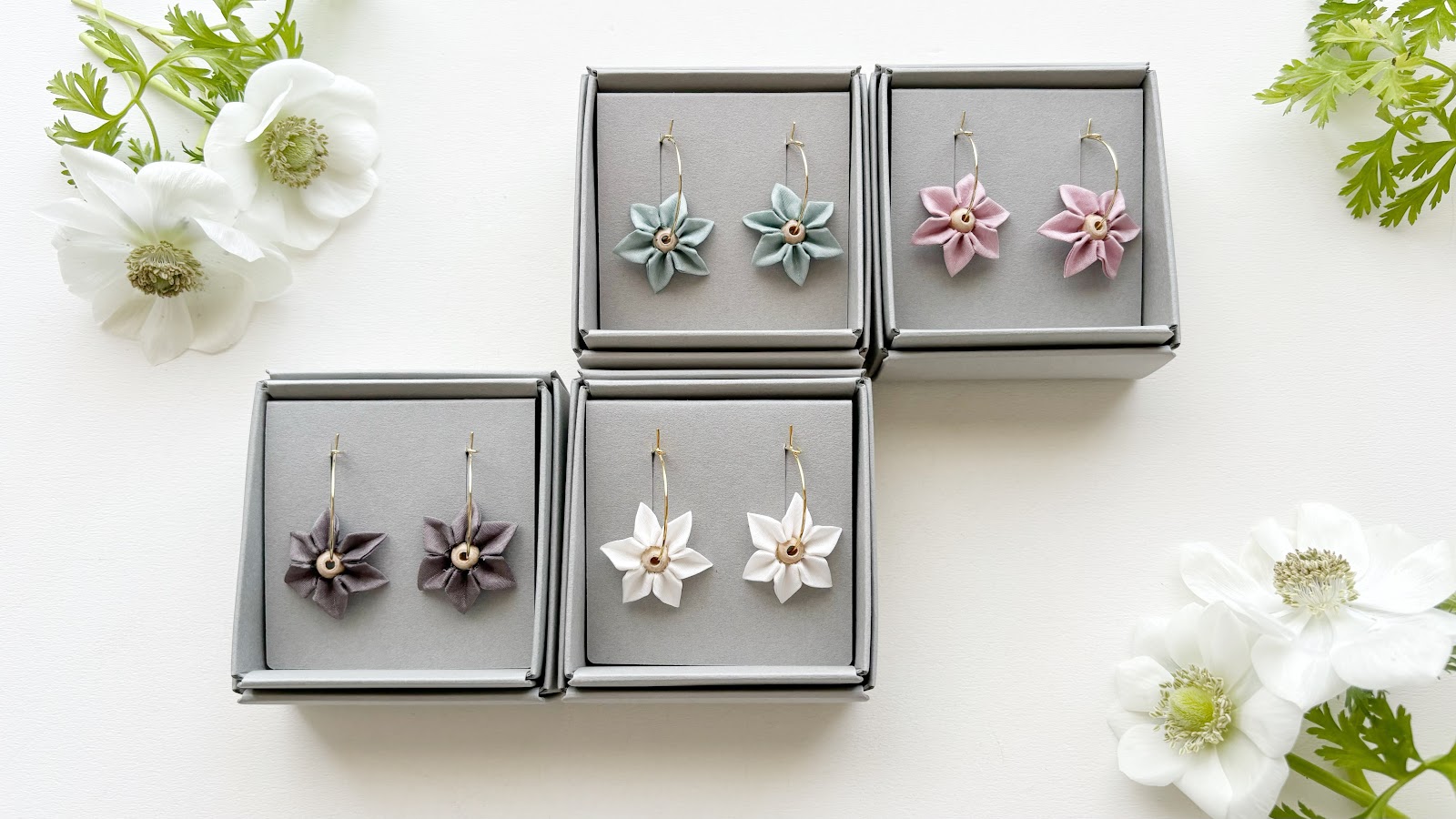 Rikka hoop earrings with pointed ken-tsumami petals by Tsumami Kanzashi Ayano
