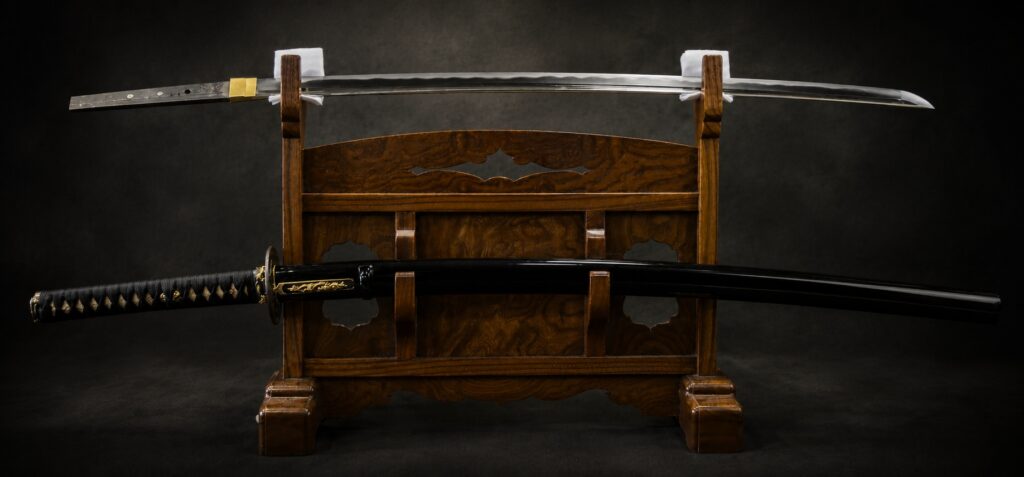 A curved Japanese katana blade showing its hamon temper line