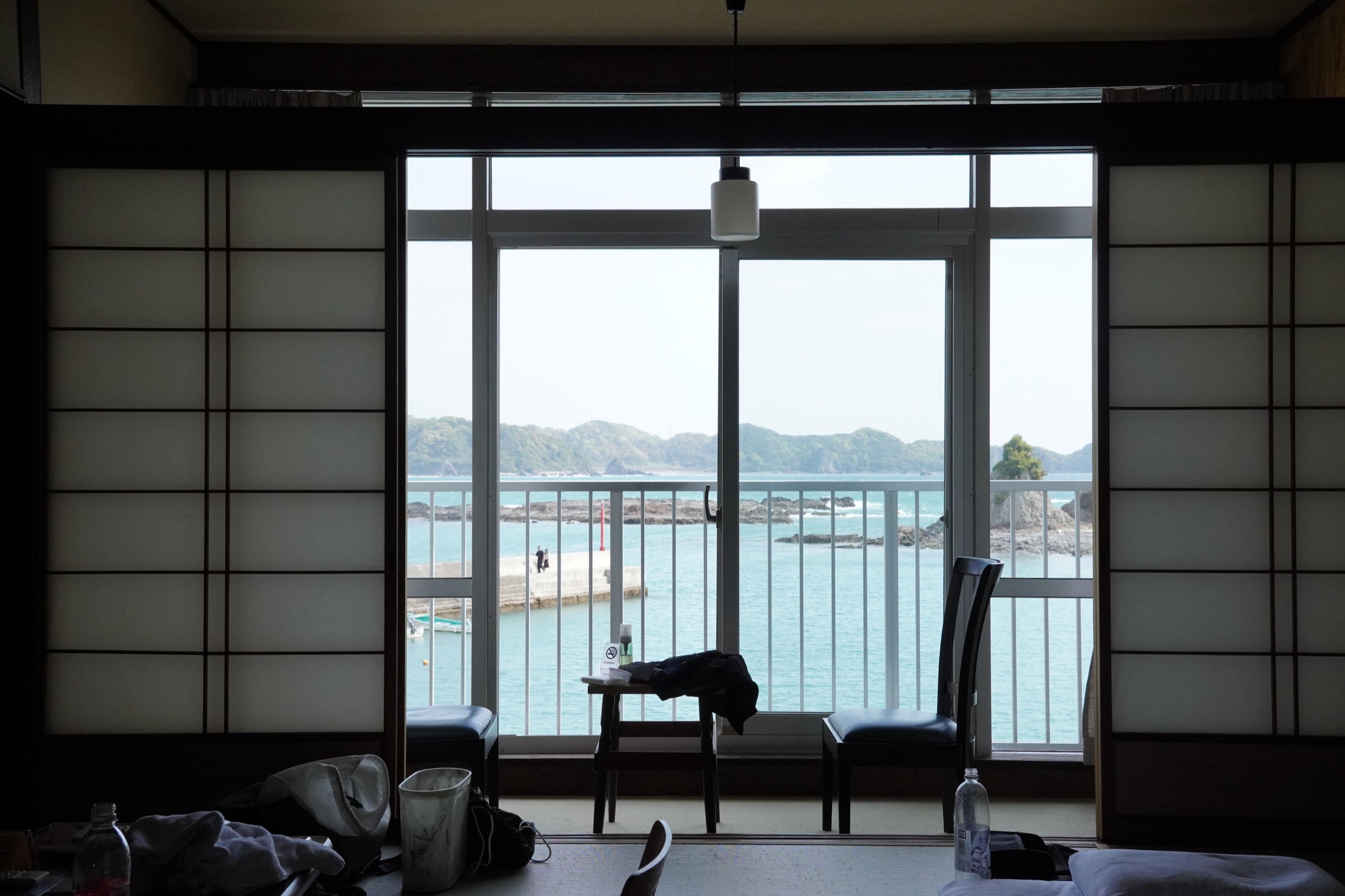 Ocean view from a traditional Japanese ryokan room on the Kii Peninsula coast near Kumano