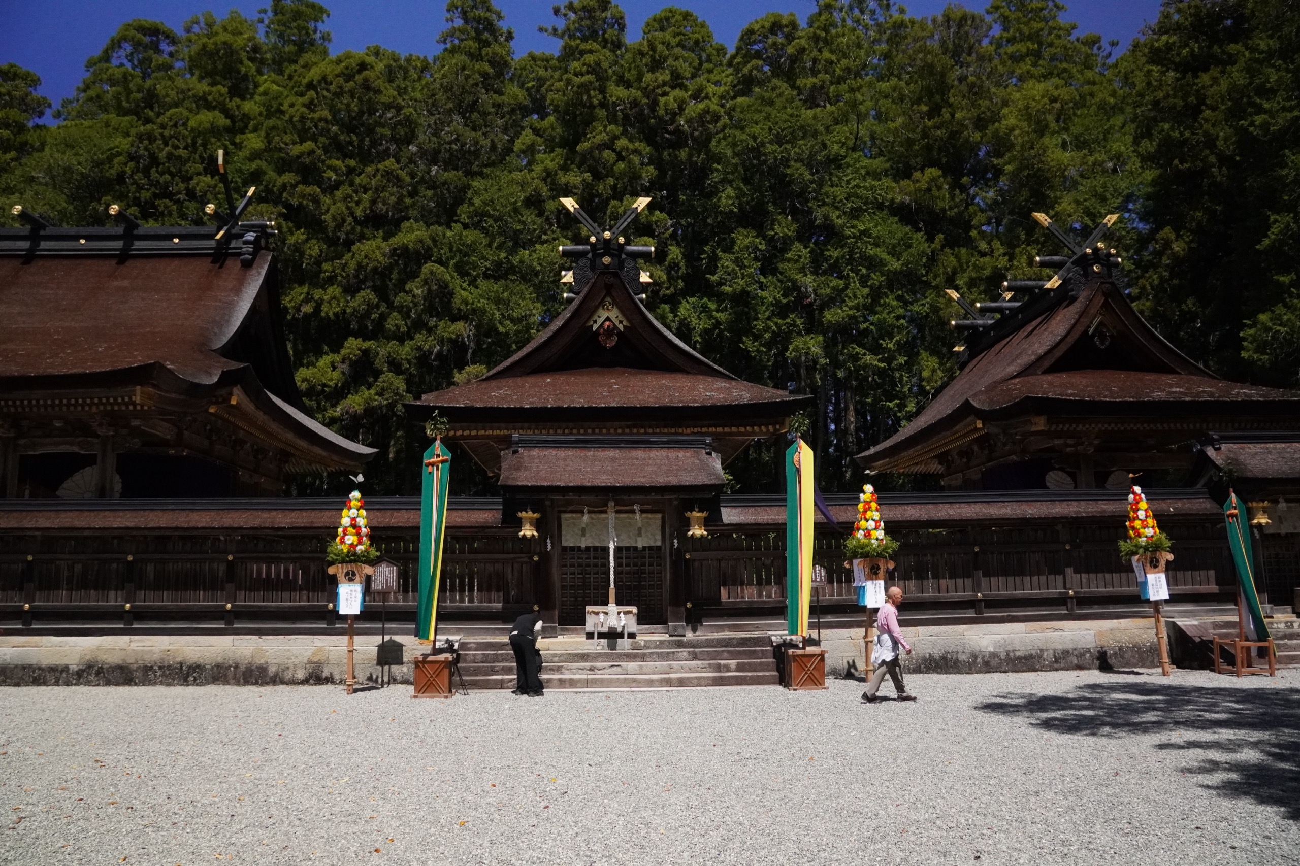 The vermilion main halls of Kumano Hayatama Taisha in Shingu, one of the three Kumano grand shrines