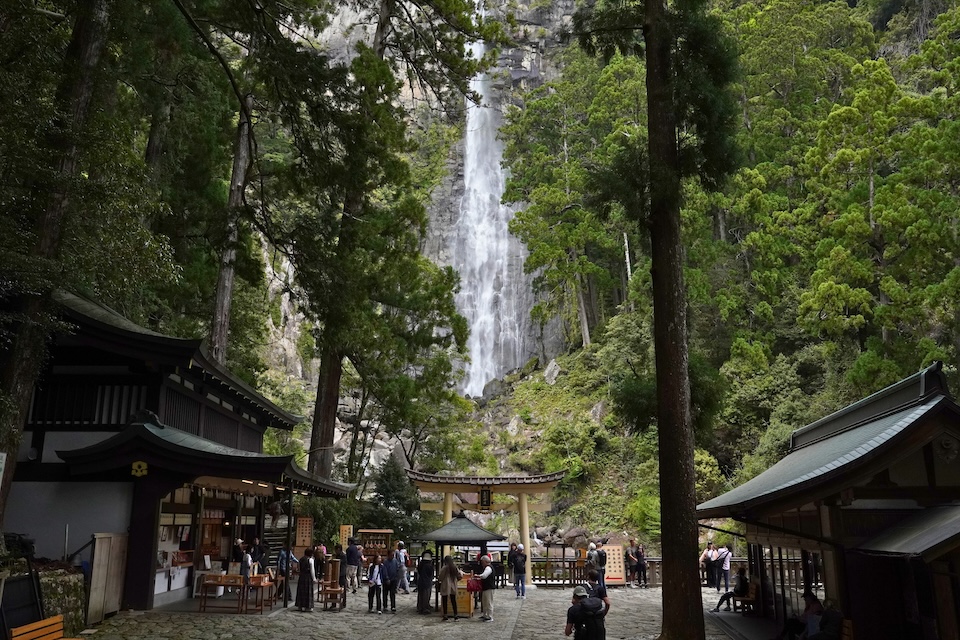 Nachi Falls, Japan's longest single-drop waterfall at 133 metres, seen from the approach to Hiro Shrine