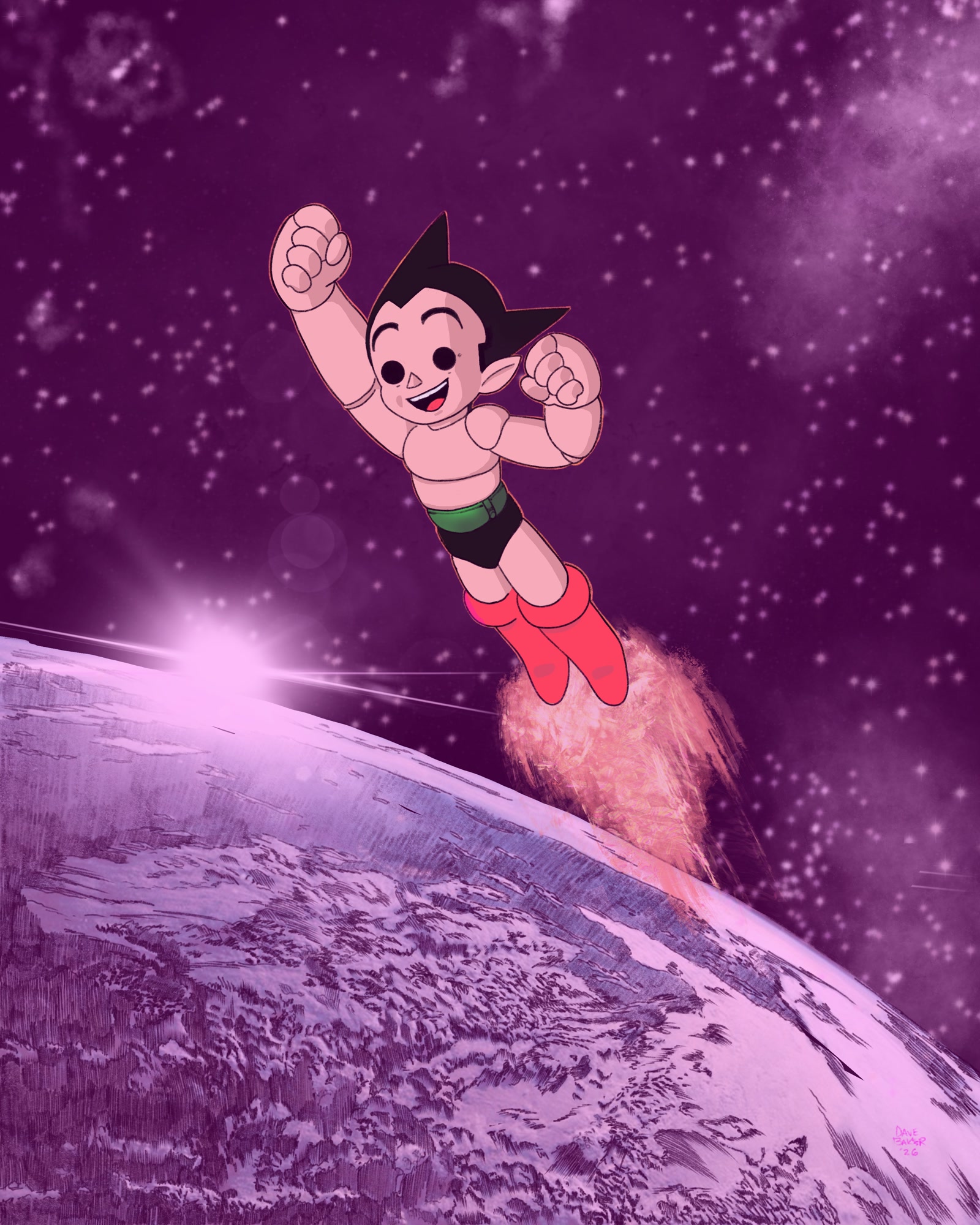 Illustration of Astro Boy flying through a purple, star-filled sky above a planet