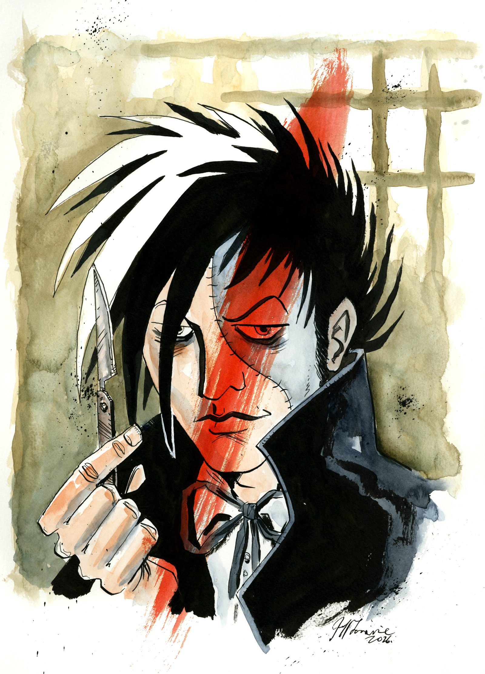 Ink and watercolor portrait of the manga character Black Jack holding a scalpel, with a red streak across his face