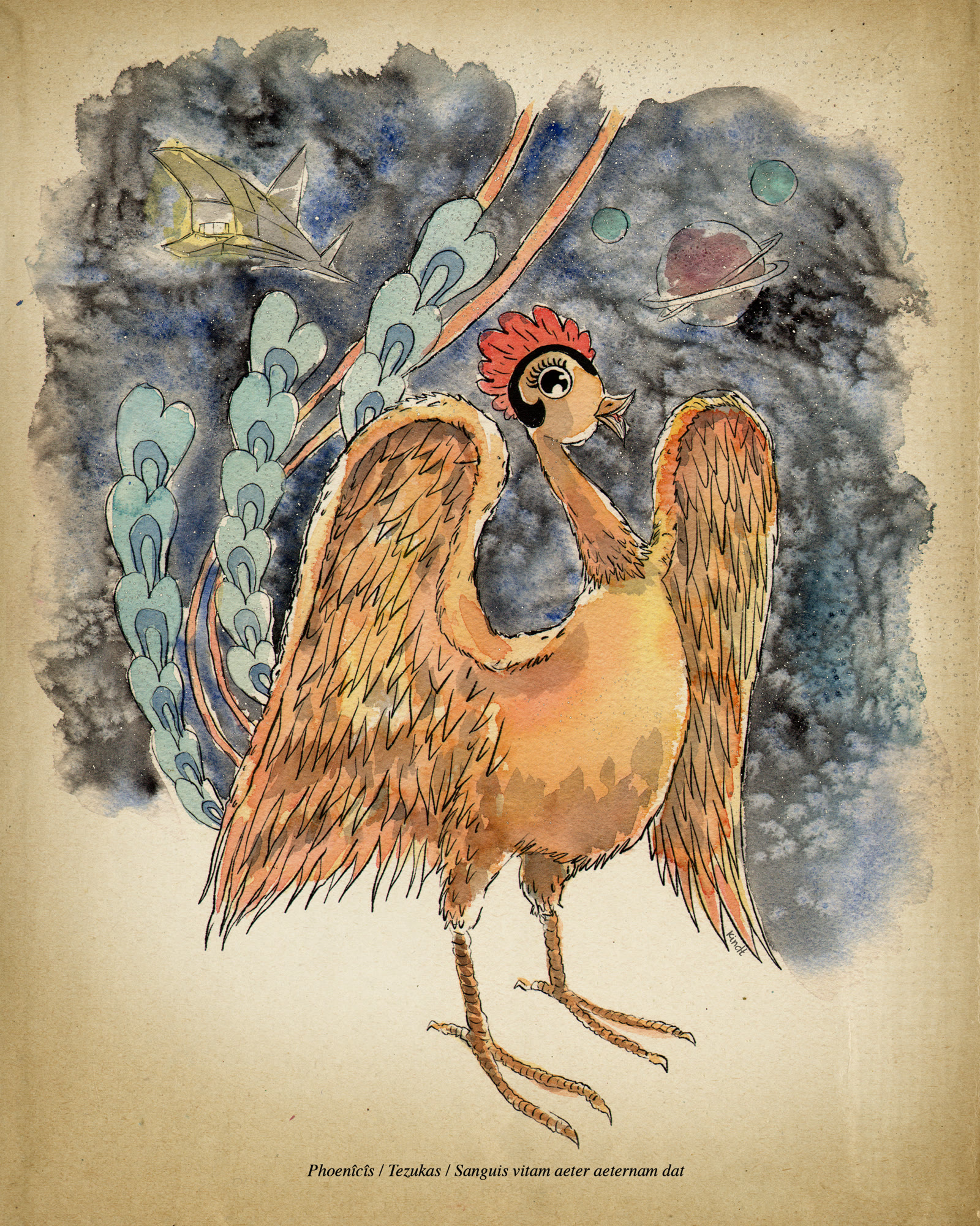 Watercolor illustration of a golden phoenix with a red crest, set against a dark sky with planets and a small spaceship